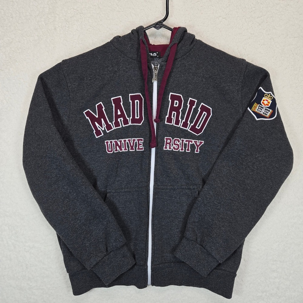 NOS Madrid University Full Zip Hoodie Jacket Gray‎ Burgundy Embroidered Size M